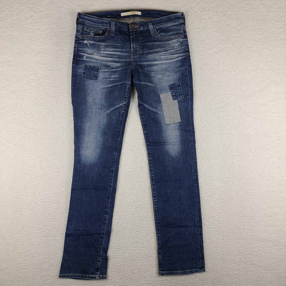 Big‎ Star Jeans Womens 28x30 Blue Straight Leg Patch Work Dark Wash Denim